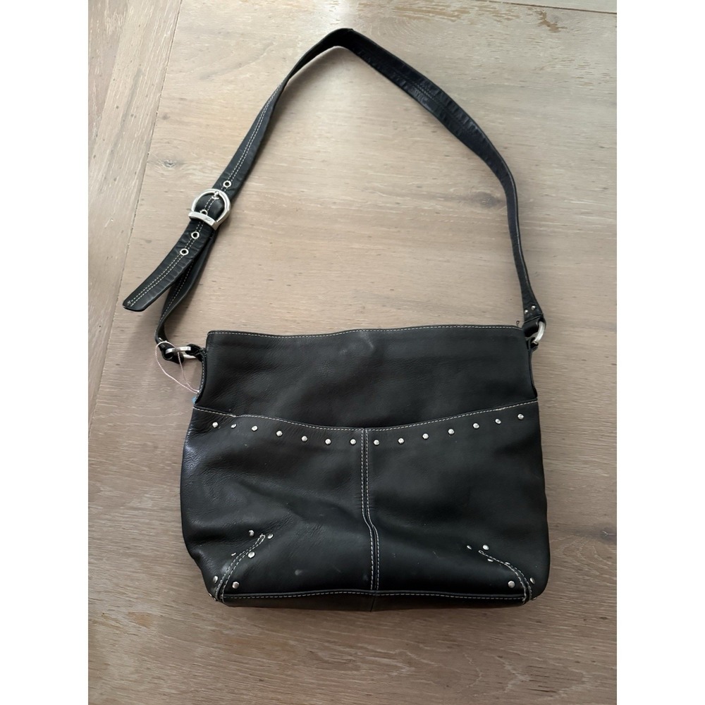 Stone Mountain Black Leather Crossbody Bag Studded Contrast Stitch Multi Pocket